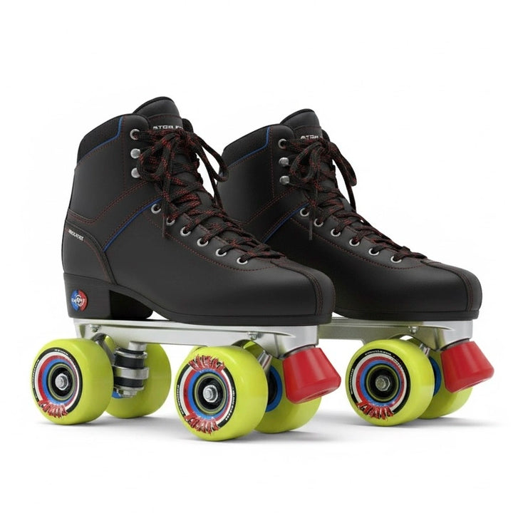 Atom 'Road Hog' branding quad skating wheel fitted on a skate in a white background