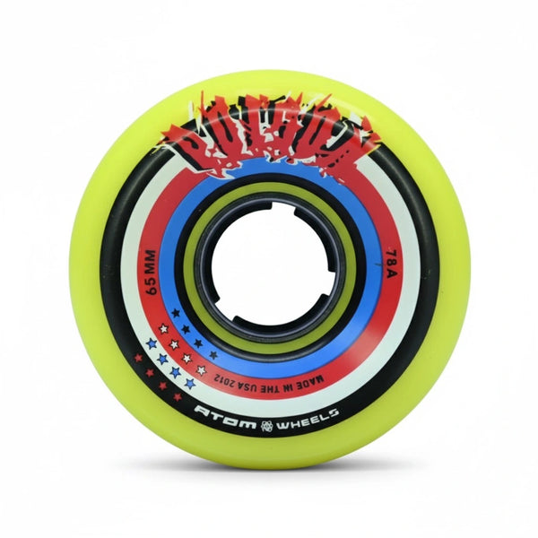 Atom 'Poison' branding quad skating wheel front view on a white background