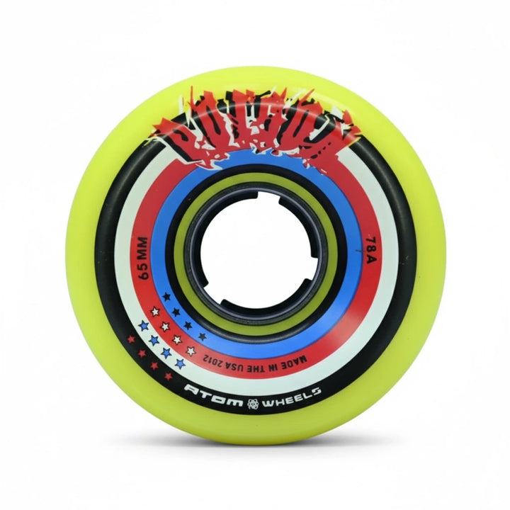 Atom 'Poison' branding quad skating wheel front view on a white background