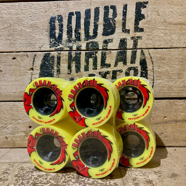 Atom 'Road Hog' branding quad skating wheel set of 8 wheels on a white background