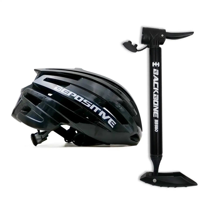 A bepositive 5.2 black cycling helmet and backbone bb 560 black pump in the white background 
