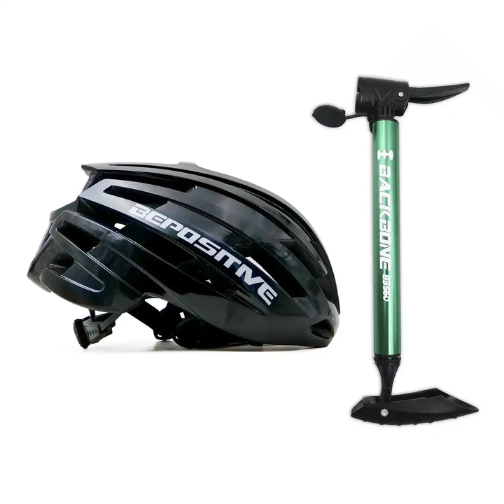 A bepositive 5.2 black cycling helmet and backbone bb 560 green pump in the white background 