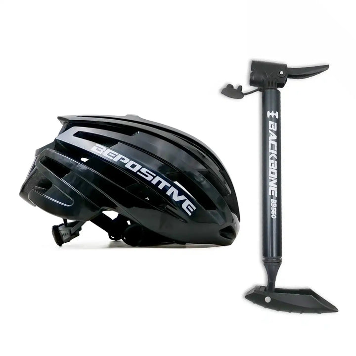 A bepositive 5.2 black cycling helmet and backbone bb 560 grey pump in the white background 