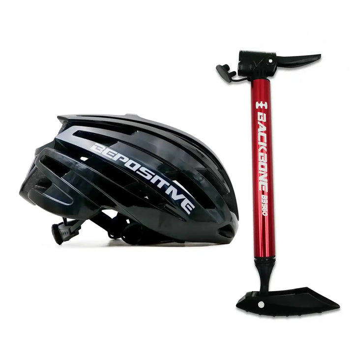 A bepositive 5.2 black cycling helmet and backbone bb 560 red pump in the white background