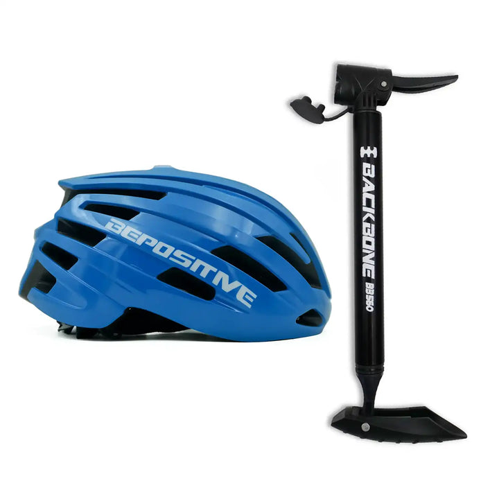 A bepositive 5.2 blue cycling helmet and backbone bb 560 black pump in the white background 
