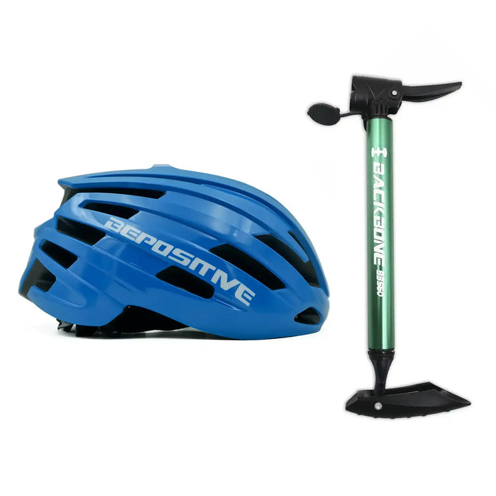 A bepositive 5.2 blue cycling helmet and backbone bb 560 green pump in the white background 