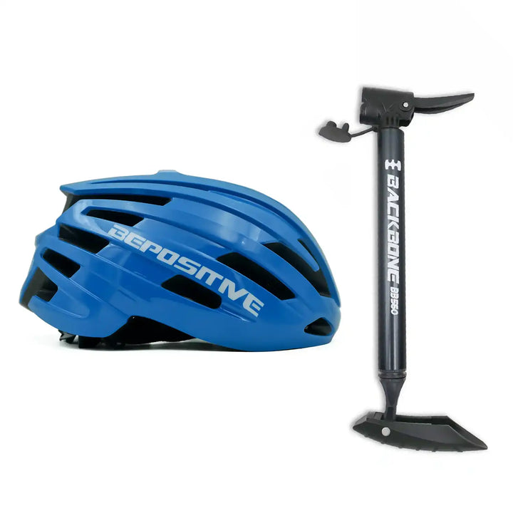 A bepositive 5.2 blue cycling helmet and backbone bb 560 grey pump in the white background 