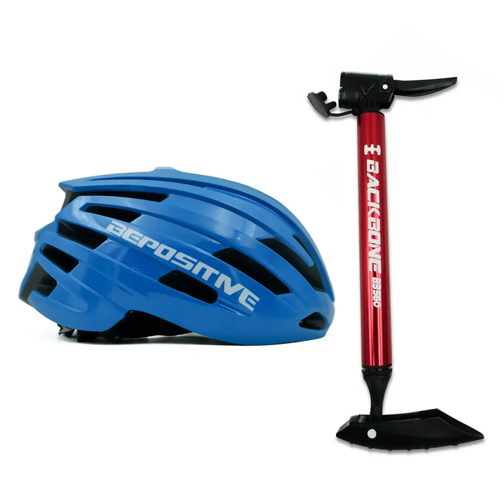 A bepositive 5.2 blue cycling helmet and backbone bb 560 red pump in the white background 
