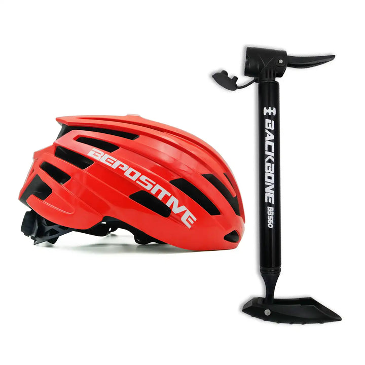 A bepositive 5.2 red cycling helmet and backbone bb 560 black pump in the white background