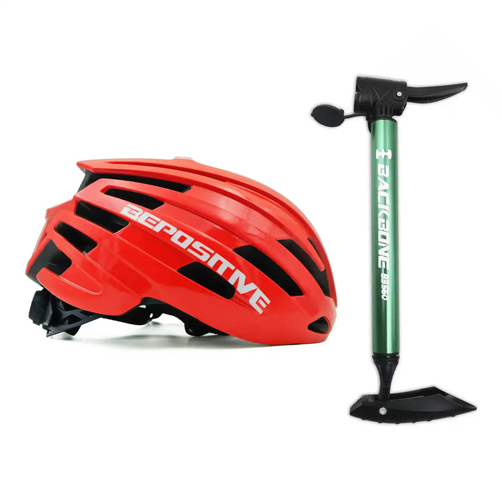 A bepositive 5.2 red cycling helmet and backbone bb 560 green pump in the white background 