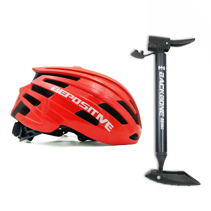 A bepositive 5.2 red cycling helmet and backbone bb 560 grey pump in the white background 