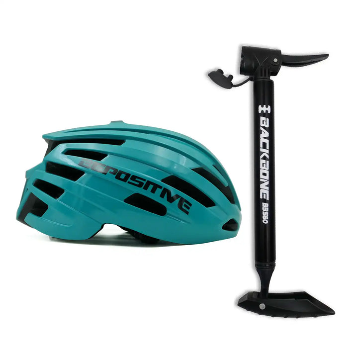 A bepositive 5.2 turquoise blue cycling helmet and backbone bb 560 black pump in the white background