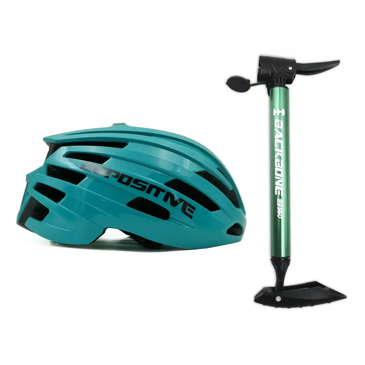 A bepositive 5.2 turquoise blue cycling helmet and backbone bb 560 green pump in the white background