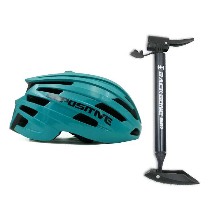 A bepositive 5.2 turquoise blue cycling helmet and backbone bb 560 grey pump in the white background