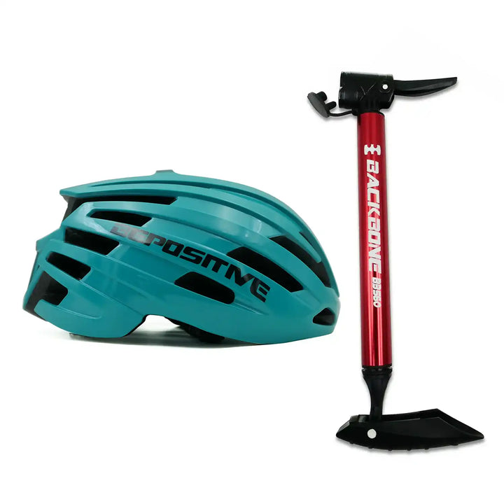 A bepositive 5.2 turquoise blue cycling helmet and backbone bb 560 red pump in the white background