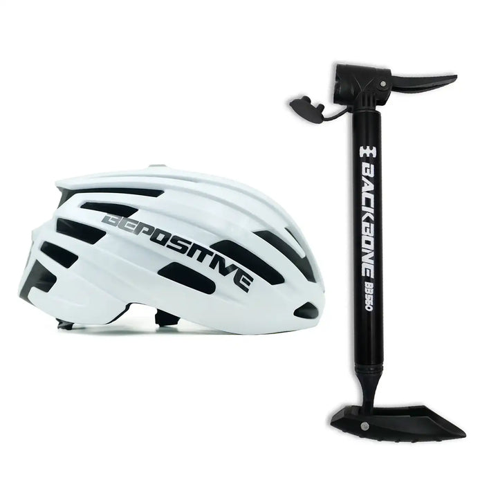 A bepositive 5.2 white cycling helmet and backbone bb 560 black pump in the white background