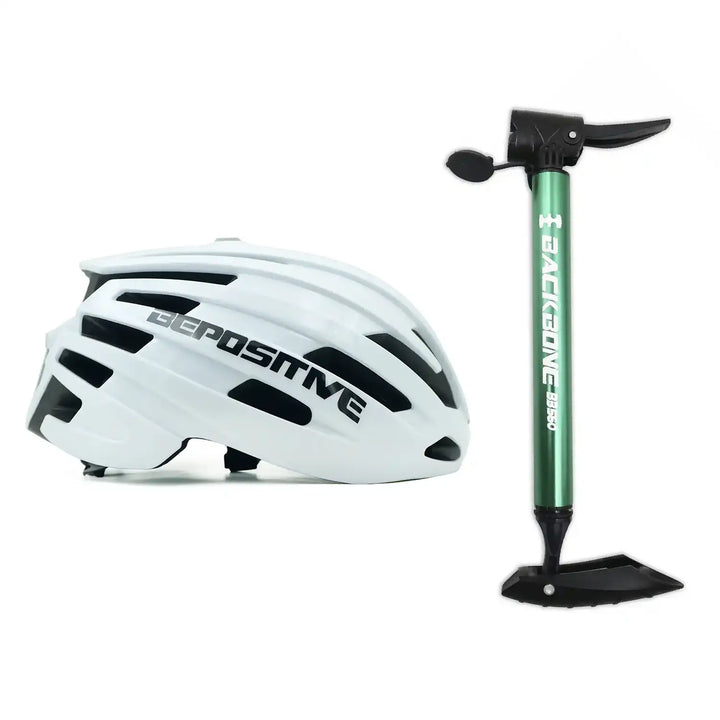 A bepositive 5.2 white cycling helmet and backbone bb 560 green pump in the white background