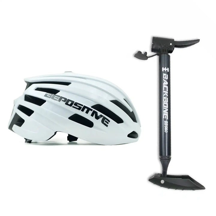 A bepositive 5.2 white cycling helmet and backbone bb 560 grey pump in the white background
