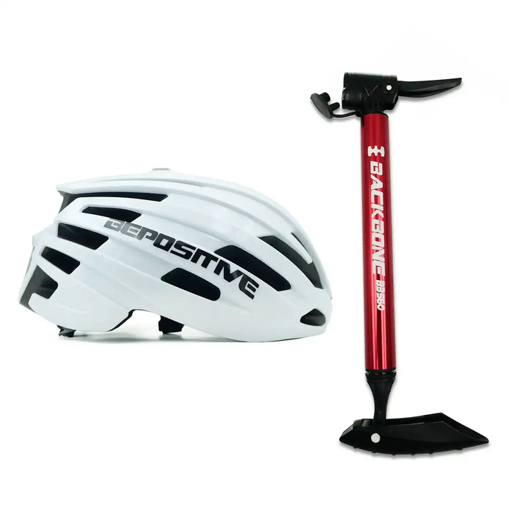 A bepositive 5.2 white cycling helmet and backbone bb 560 red pump in the white background
