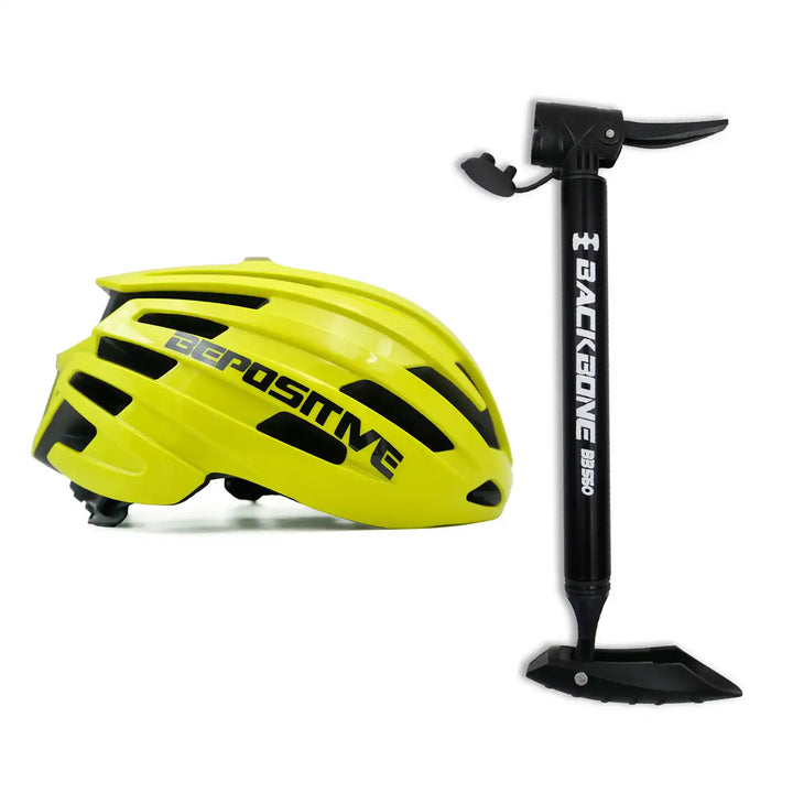 A bepositive 5.2 yellow cycling helmet and backbone bb 560 black pump in the white background 