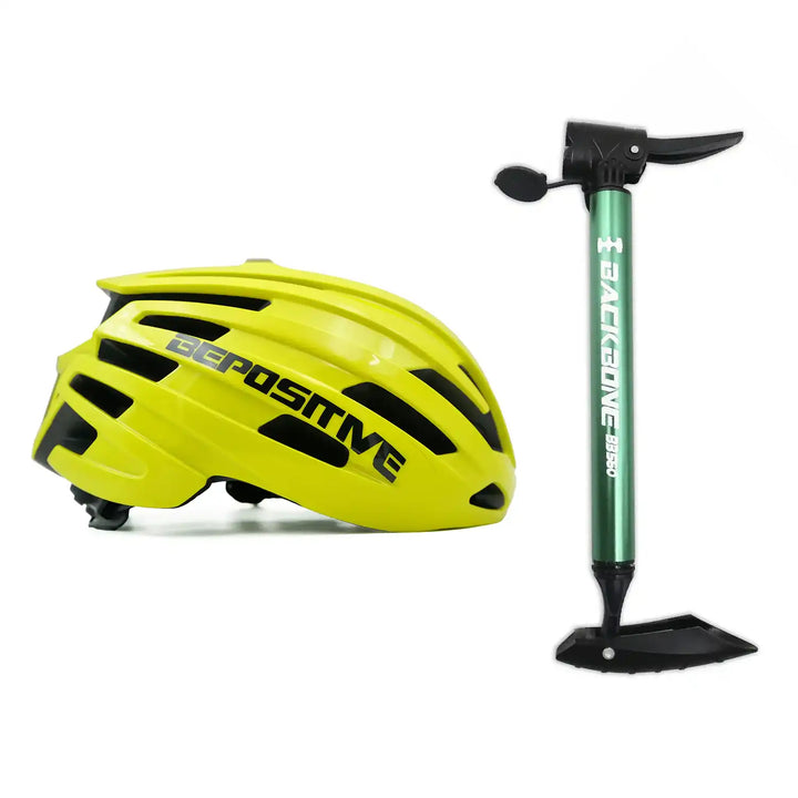 A bepositive 5.2 yellow cycling helmet and backbone bb 560 green pump in the white background 