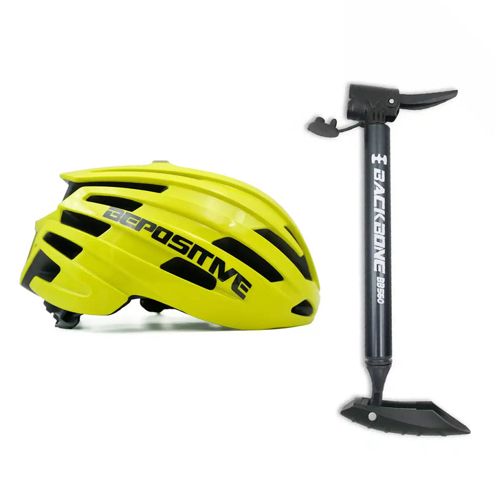 A bepositive 5.2 yellow cycling helmet and backbone bb 560 grey pump in the white background