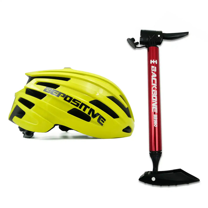 A bepositive 5.2 yellow cycling helmet and backbone bb 560 red pump in the white background 