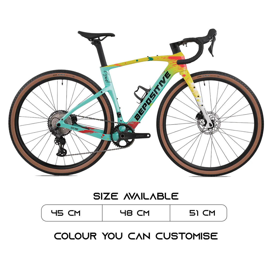 Bepositive G-T800 carbon cycle sideview In a white background with size chart
