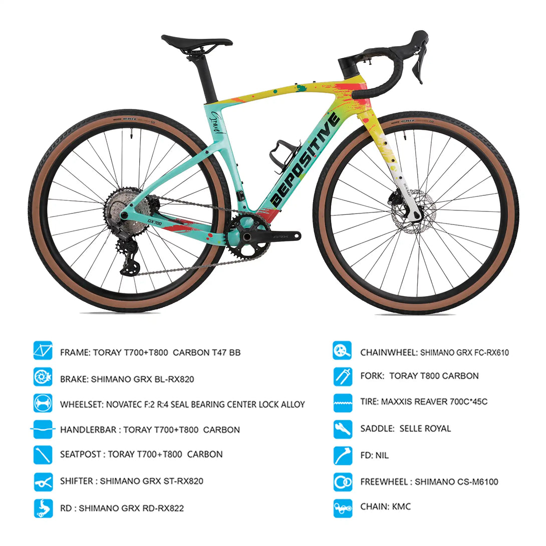 Bepositive G-T800 carbon cycle sideview In a white background with specification