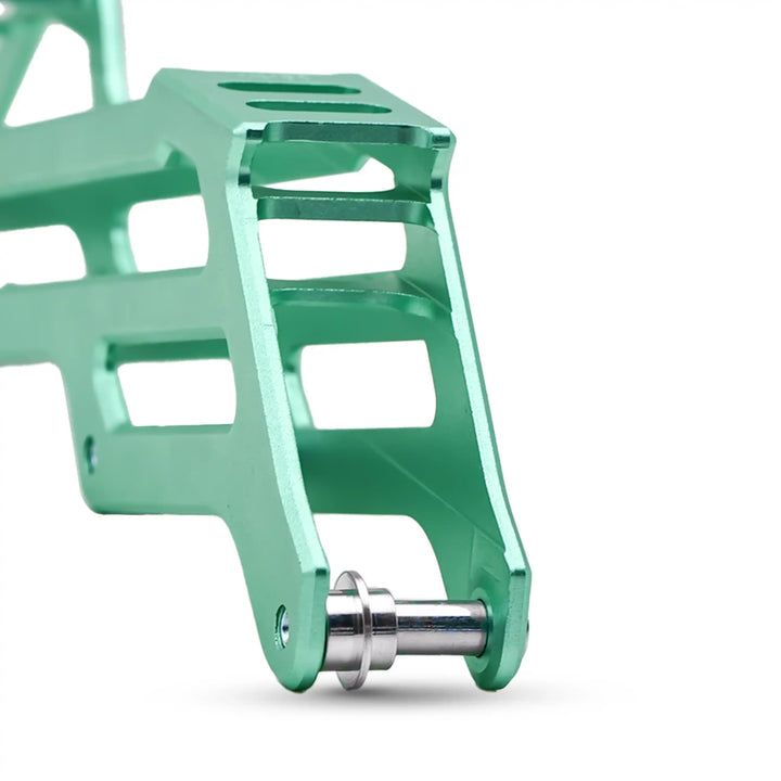 Green metal bracket with a silver bolt on a white background