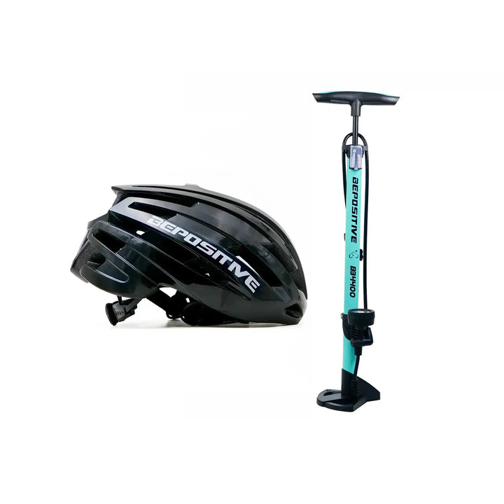 A black bepositive 5.2 cycling helmet and a bepositive 4400 turquoise blue pump in the white background 