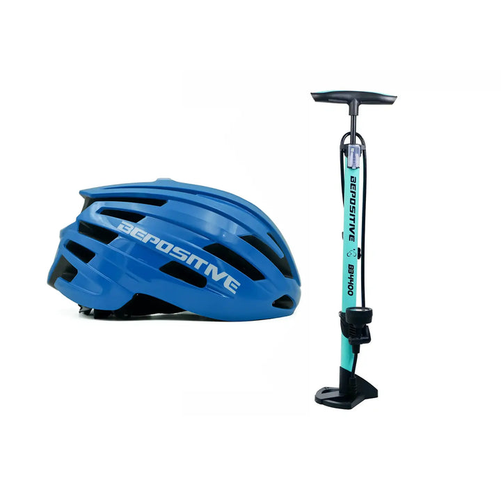 A blue bepositive 5.2 cycling helmet and a bepositive 4400 turquoise blue pump in the white background 