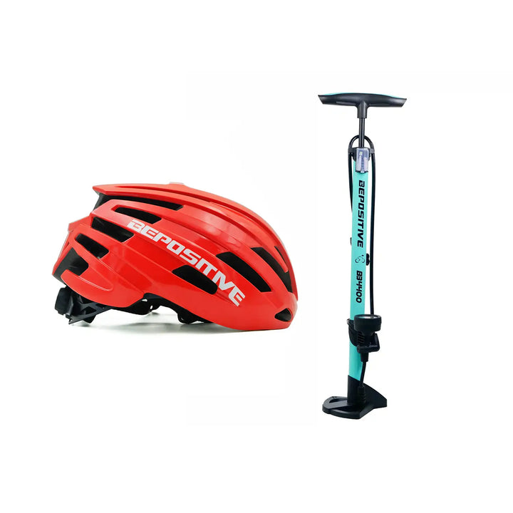 A orange bepositive 5.2 cycling helmet and a bepositive 4400 turquoise blue pump in the white background 