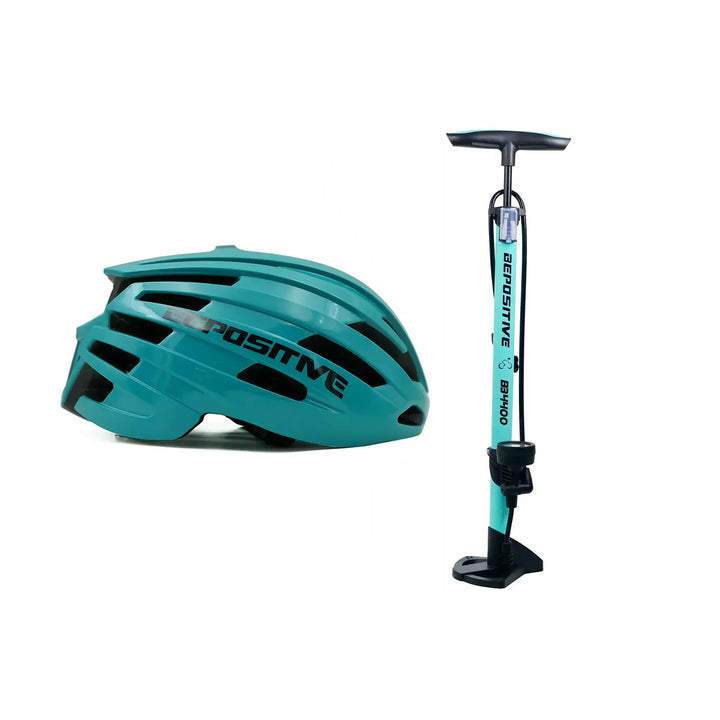 A turquoise blue bepositive 5.2 cycling helmet and a bepositive 4400 turquoise blue pump in the white background
