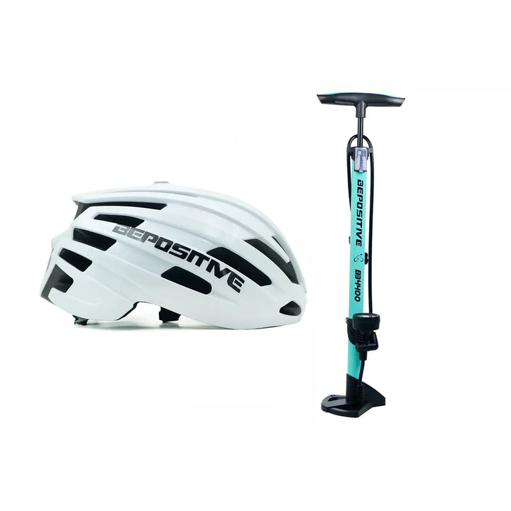 A white bepositive 5.2 cycling helmet and a bepositive 4400 turquoise blue pump in the white background