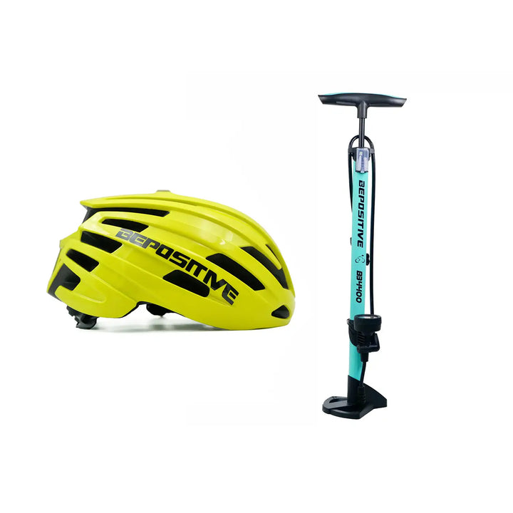 A yellow bepositive 5.2 cycling helmet and a bepositive 4400 turquoise blue pump in the white background