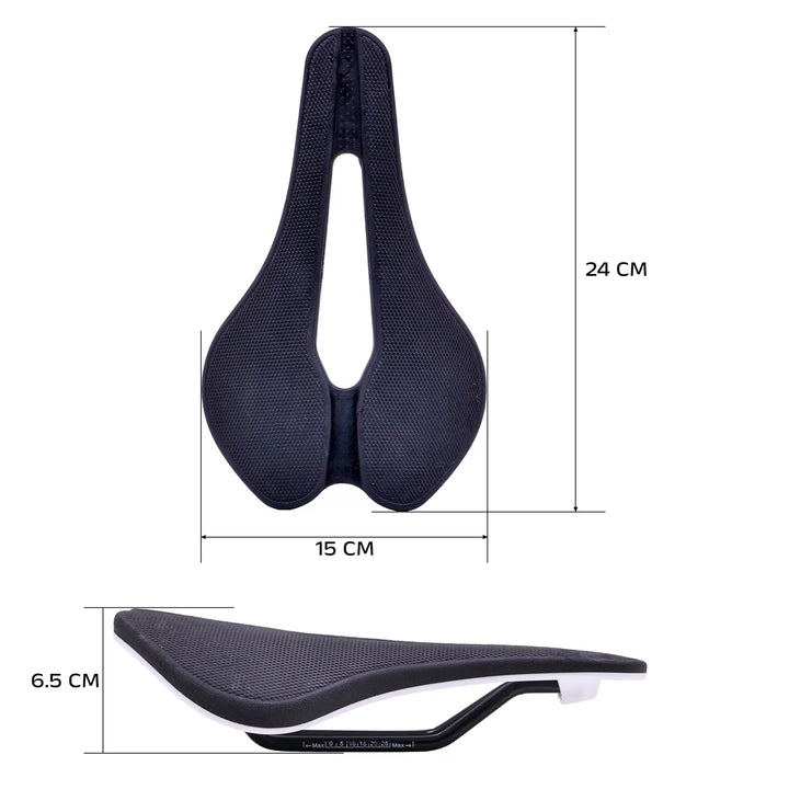 Black Eclipse bicycle saddle with measurements on a white background