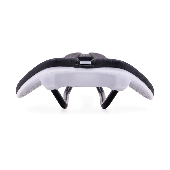 back view of Eclipse saddle Black and white bicycle seat on a white background