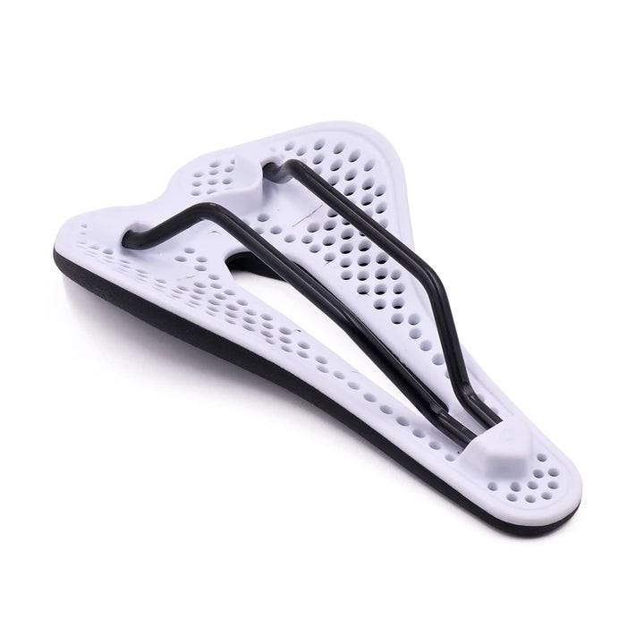bottom view of Eclipse bicycle saddle on a white background 