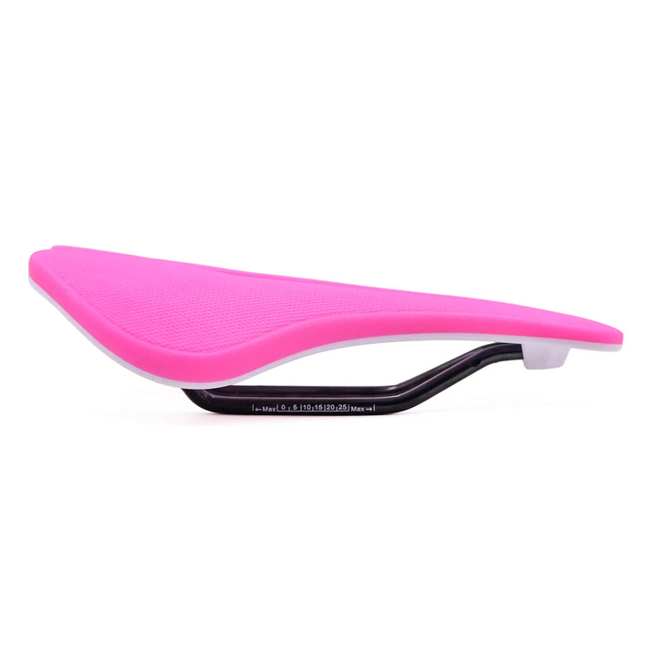 side view of pink Eclipse bicycle saddle on a white background 