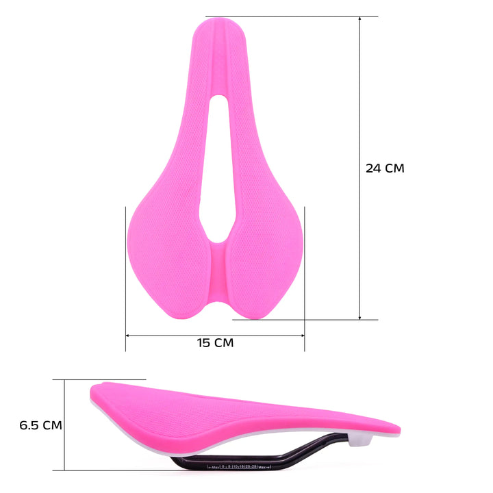 Pink bicycle saddle with measurements on a white background