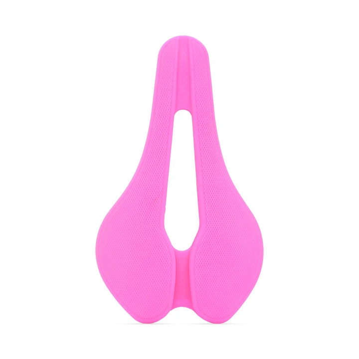 Top view of Pink Eclipse bicycle saddle on a white background