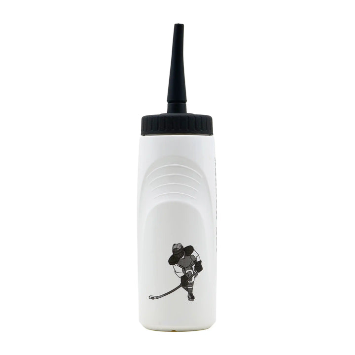 White squeeze bottle with black cap and hockey player graphic on a white background