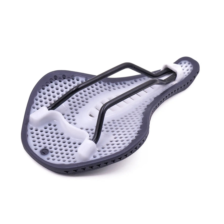 bottom view of black Stratos bicycle saddle on a white background 