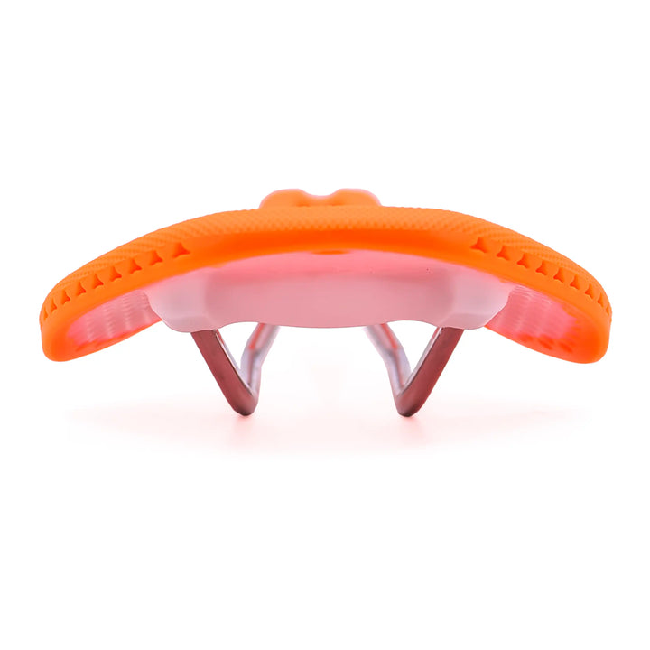 back view of orange Stratos bicycle saddle on a white background 