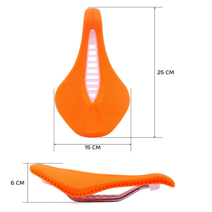 Orange Stratos bicycle saddle with measurements on a white background