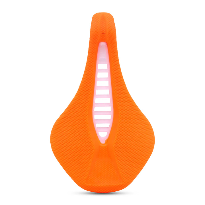 top view of orange Stratos bicycle saddle on a white background 