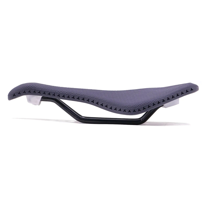 side view of a Black Stratos bicycle saddle on a white background 