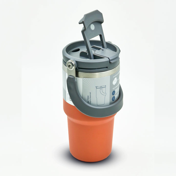 Tyeso Vacuum Insulated tumpler 600 ml orange lid open view