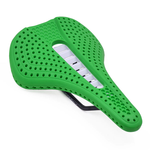 angle view of green VeloHive bicycle saddle on a white background 